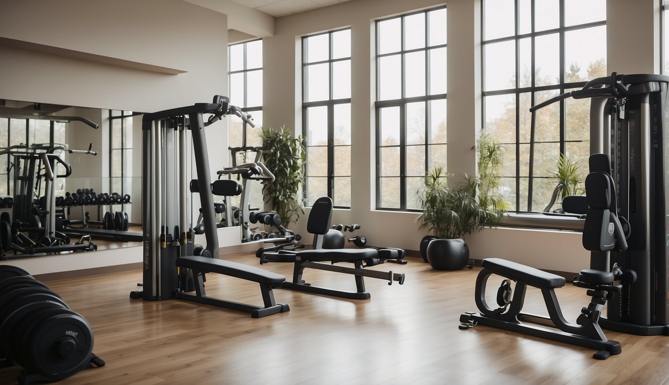 A bright, spacious room with neatly organized exercise equipment, labeled storage bins, and a clear workout area with ample space for movement