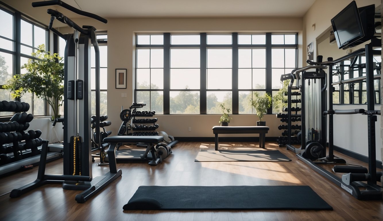 A spacious room with organized shelves holding dumbbells, resistance bands, and yoga mats. A treadmill and weight bench are positioned in the center, with ample space for movement
