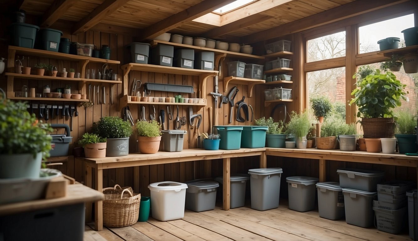 A tidy garden shed with labeled storage bins, hanging tools, and a workbench with neatly organized gardening supplies and equipment