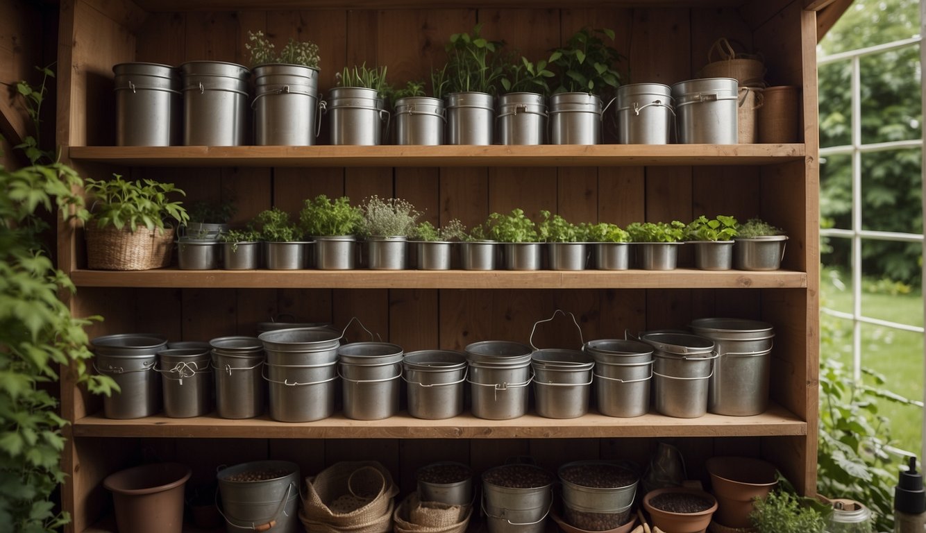 Various small items and supplies neatly organized in labeled bins and shelves within a garden shed. Tools hung on hooks, seeds and pots arranged for easy access