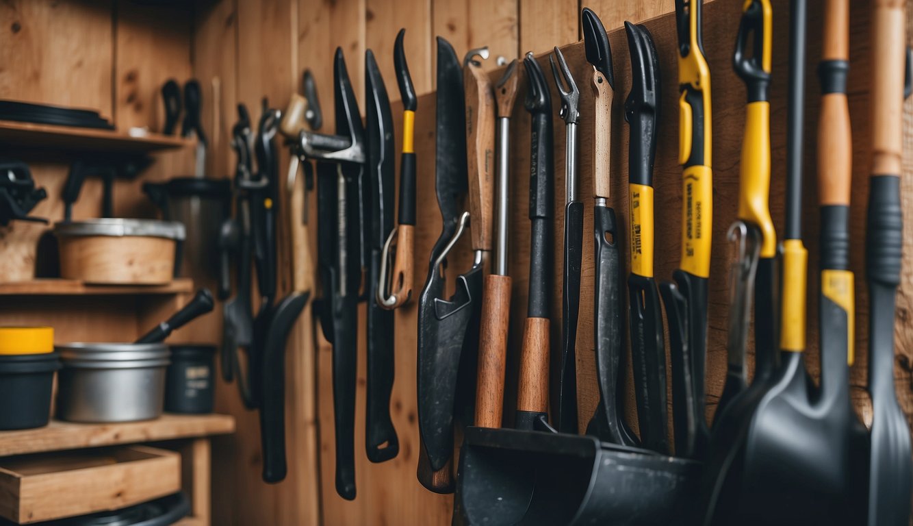 Garden tools neatly hung on hooks, shelves labeled for easy access. A labeled storage system for efficiency in a well-organized garden shed