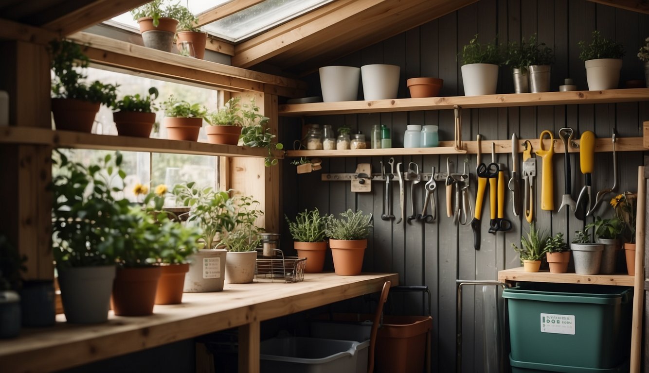 A garden shed with shelves, hooks, and bins neatly organizing tools, pots, and supplies for easy access and maximum efficiency