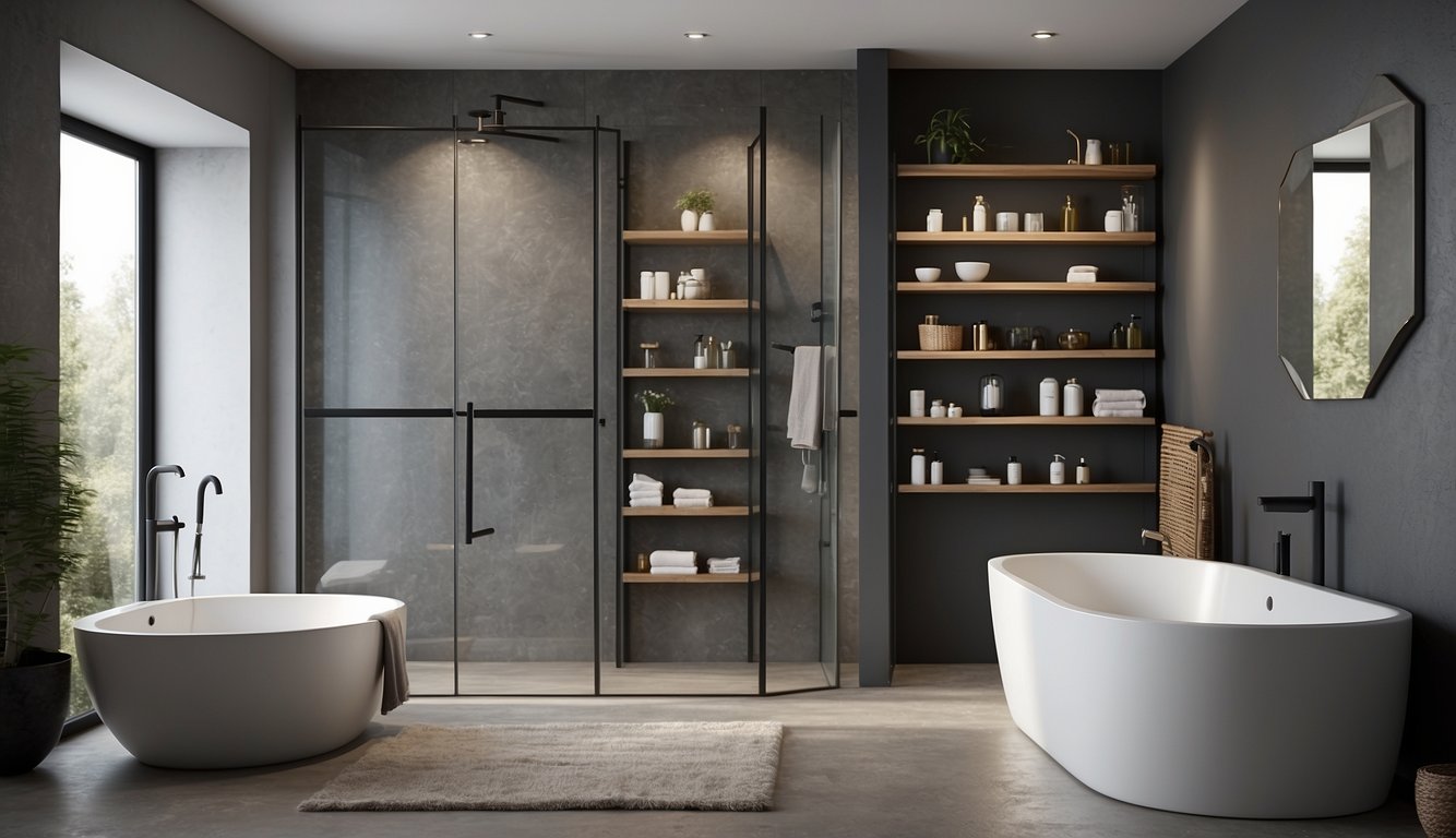 A modern bathroom with sleek, minimalist storage solutions. Shelves and organizers maximize space, while stylish decor adds a touch of elegance