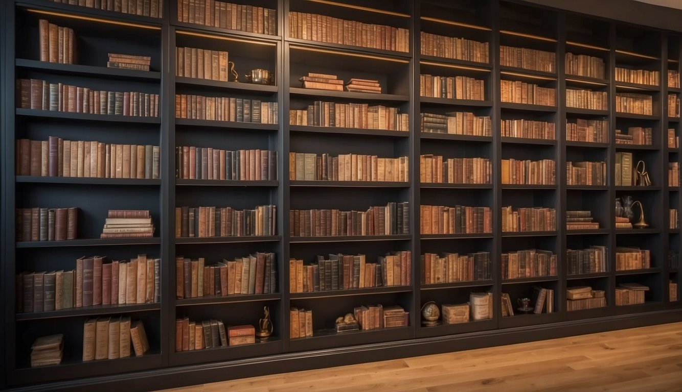Neatly arranged bookshelves with labeled sections and books sorted by genre and size. A clear and organized layout for easy access and efficient use