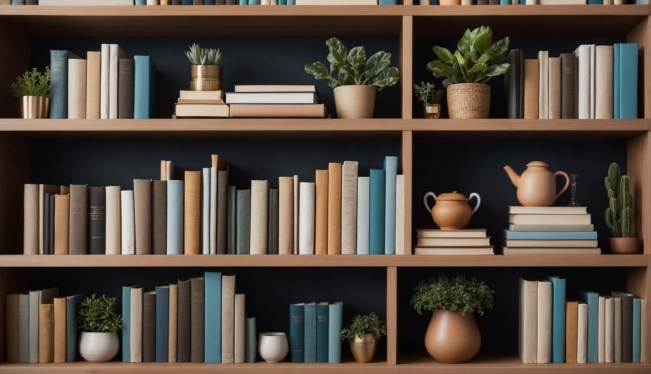 A bookshelf with neatly organized books, decorative elements like plants, vases, and figurines, creating a visually appealing and efficient display