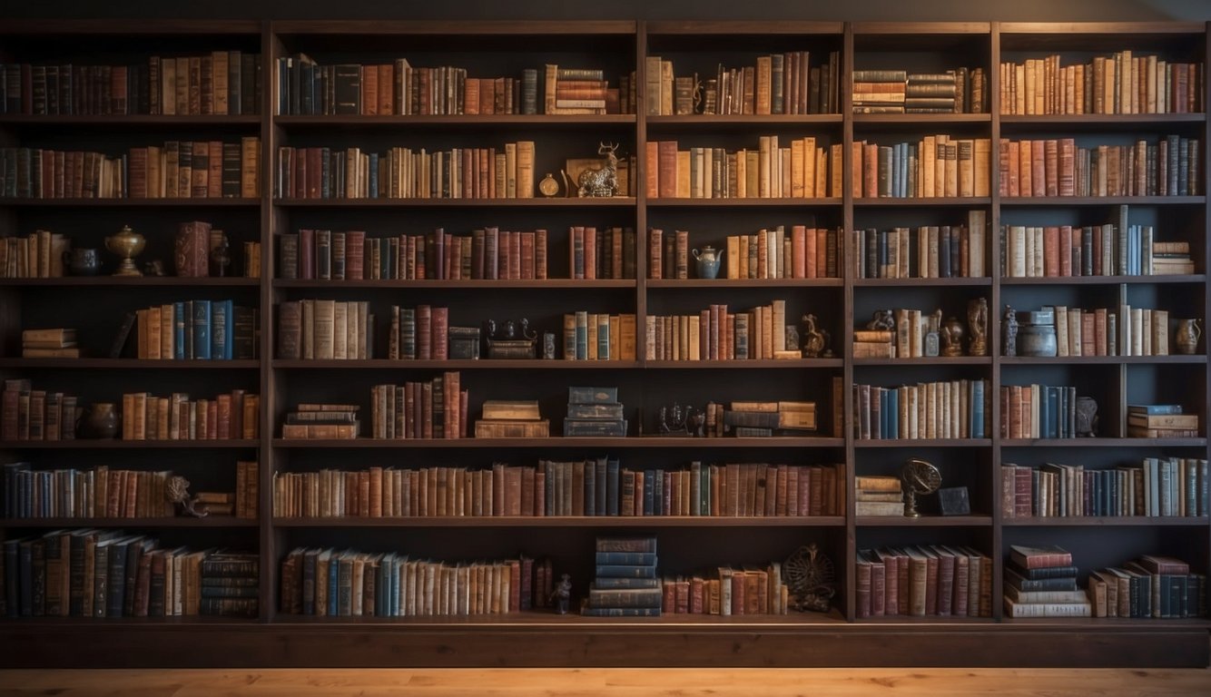 A neat and organized bookshelf with books arranged by size and color, labeled sections for different genres, and space for decorative items