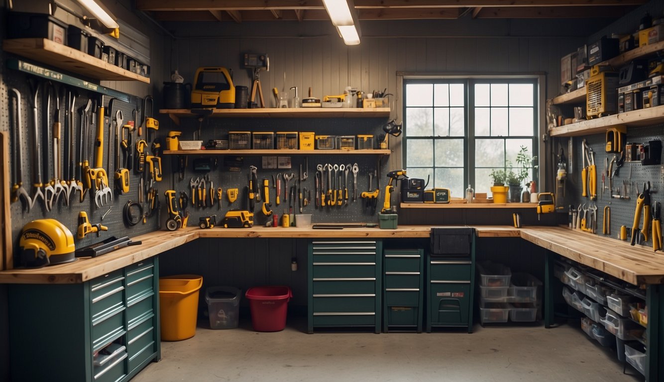 A well-organized tool shed with labeled shelves, hanging racks for tools, and a workbench with neatly arranged supplies