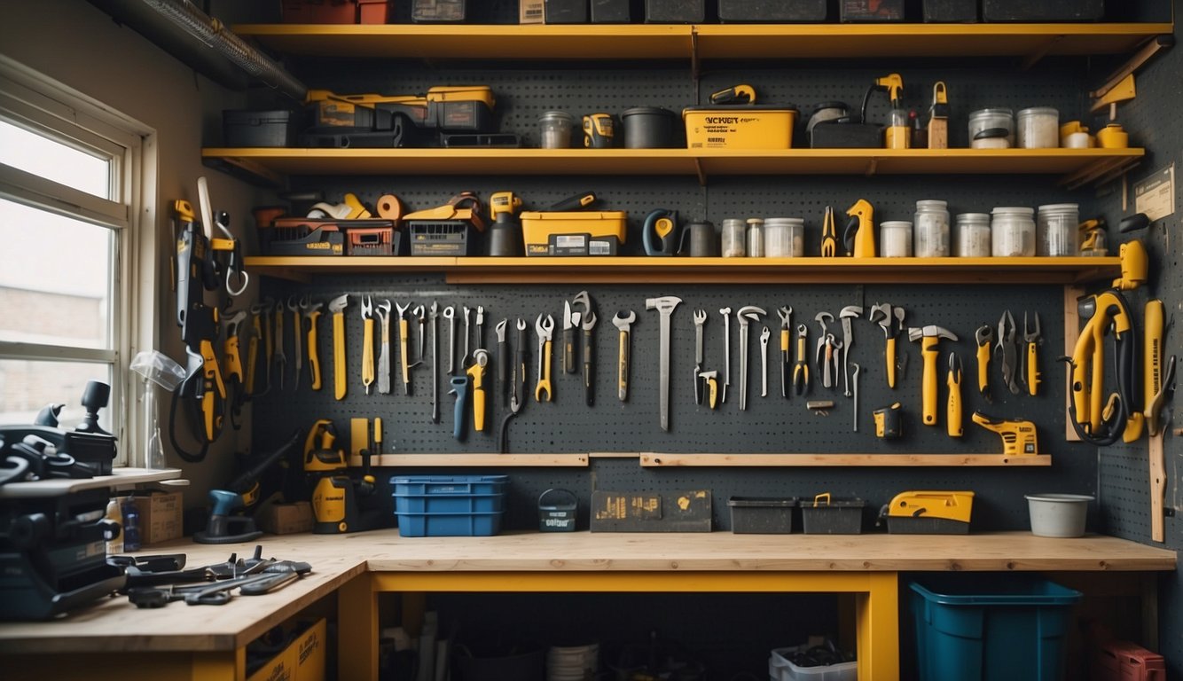 A tool shed with neatly organized shelves, labeled bins, and hanging hooks for various tools and equipment. A workbench with designated spaces for specific tools and a pegboard for easy access