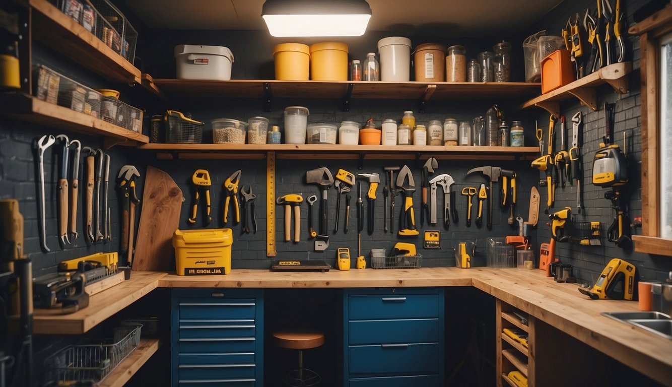 A well-organized tool shed with labeled shelves, hanging tools, and clear pathways for easy accessibility
