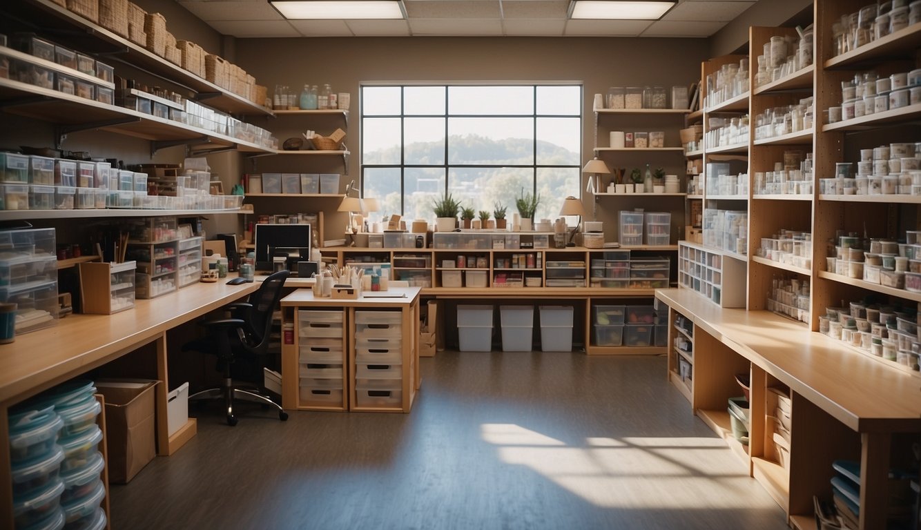 Craft supplies neatly arranged on shelves and in labeled containers. A spacious work area with a large table and good lighting. A bulletin board for inspiration and a designated area for finished projects