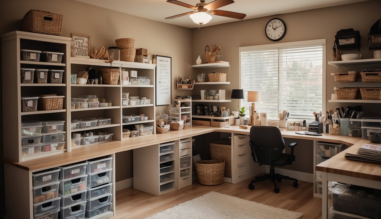 An organized craft room with labeled storage bins, a spacious work table, and a variety of supplies neatly arranged on shelves and in drawers