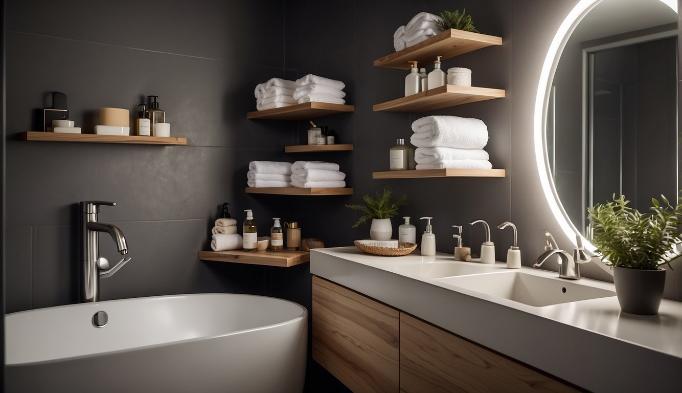 A small bathroom with clever storage solutions: wall-mounted shelves, hanging organizers, and under-sink cabinets. Towels neatly folded and toiletries organized