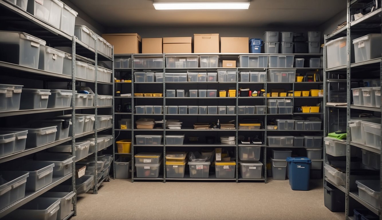 A neatly organized basement with labeled storage bins, shelves, and hooks for hanging tools and equipment. Clear pathways allow easy access to all areas