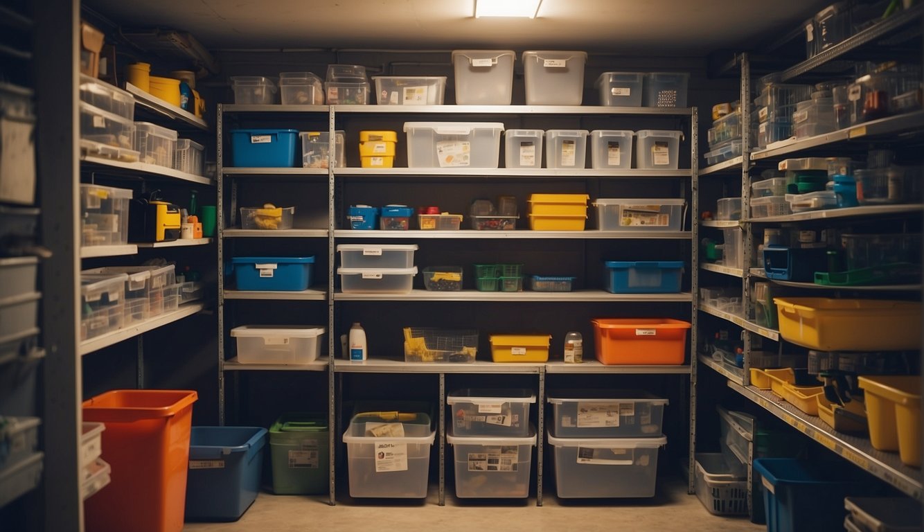 Basement shelves organized with labeled bins, tools hung on pegboard, and clear pathways for easy access