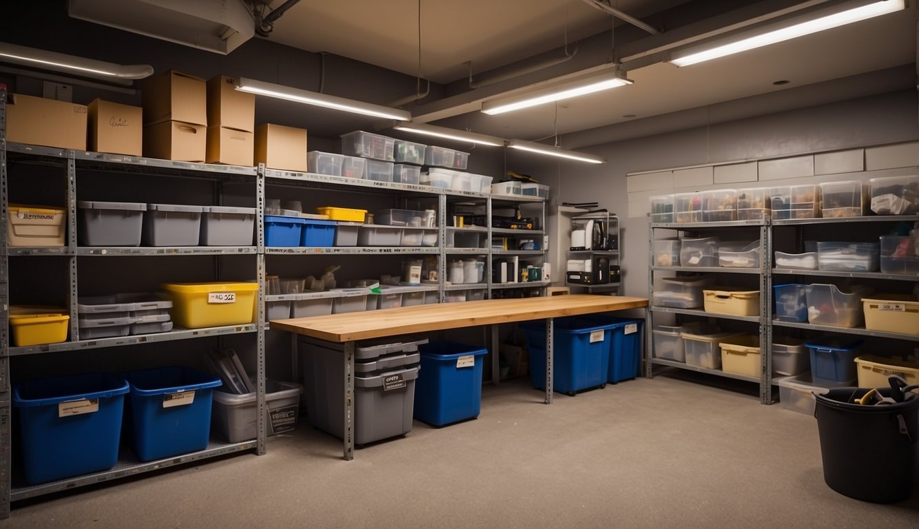 A neatly arranged basement with labeled storage bins, shelves, and a workbench. Tools and supplies are organized for easy access. Lighting is bright and clean
