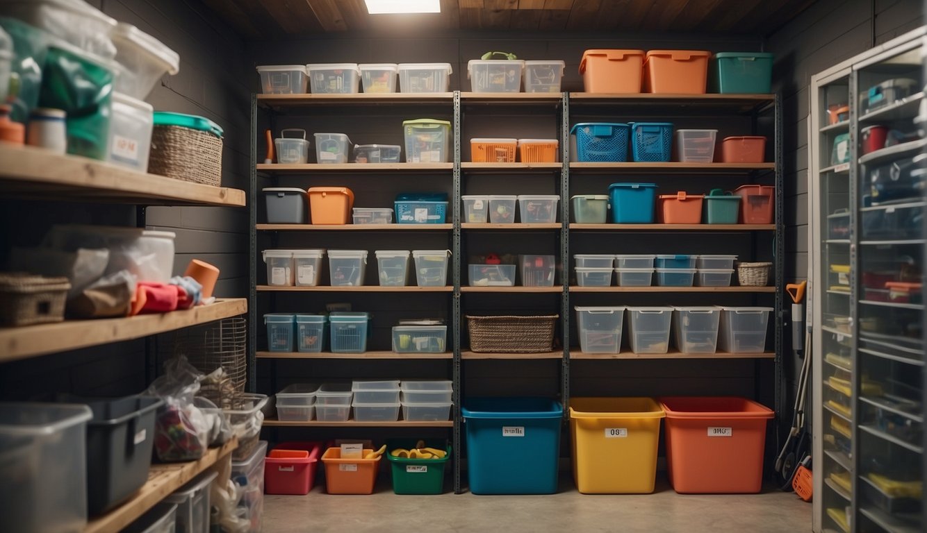 A neatly organized basement with labeled storage bins, shelves, and designated areas for different items, such as tools, holiday decorations, and sports equipment