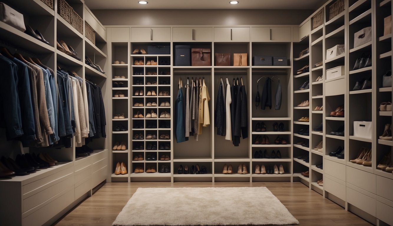 A closet with neatly arranged shelves, labeled storage bins, and color-coordinated hanging clothes. Shoes are neatly lined up on a rack, and accessories are neatly displayed in designated compartments