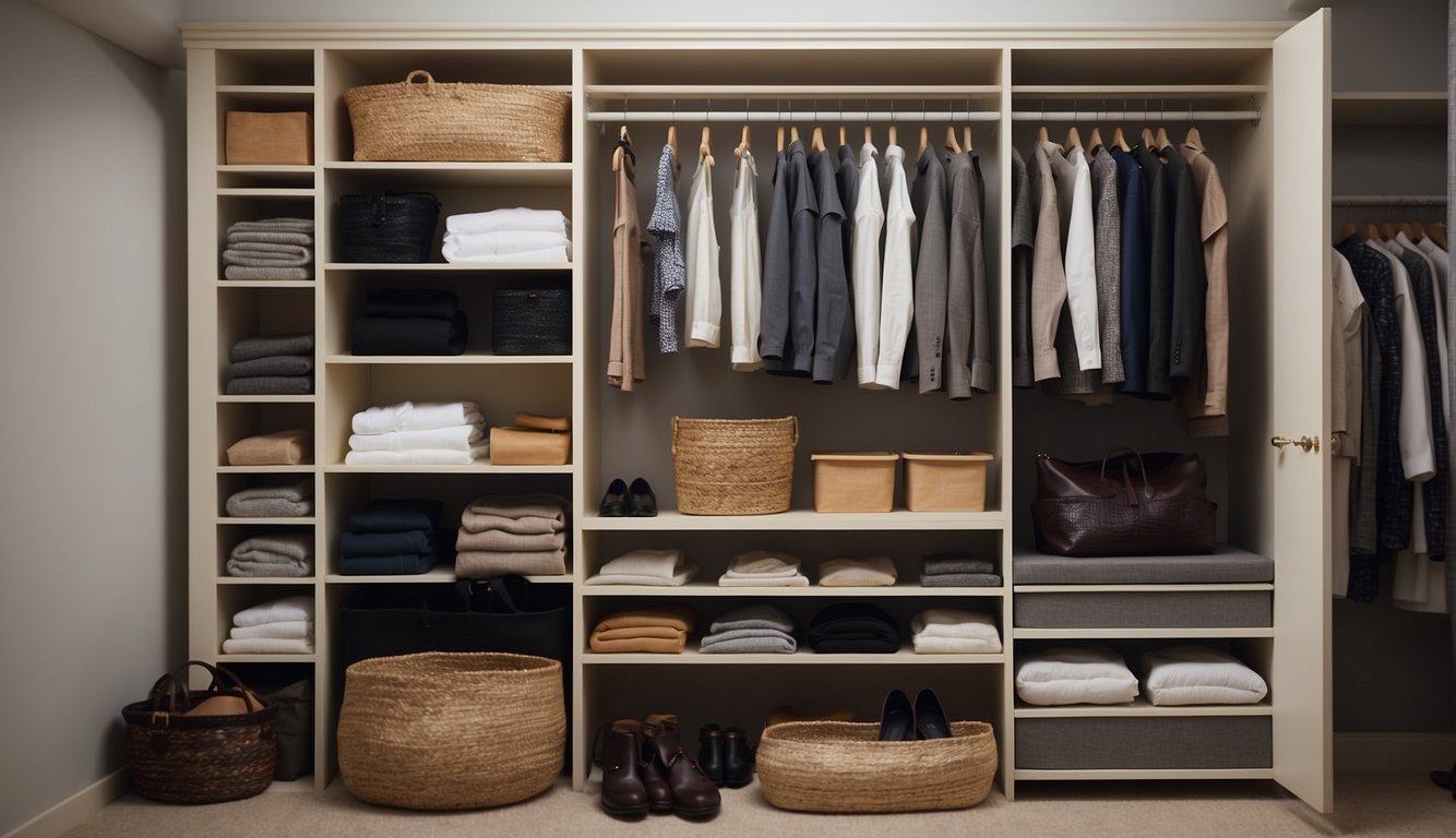 A neatly organized closet with shelves, hanging rods, and labeled storage bins. Clothes are neatly folded or hung, shoes are arranged in a shoe rack, and accessories are stored in designated compartments