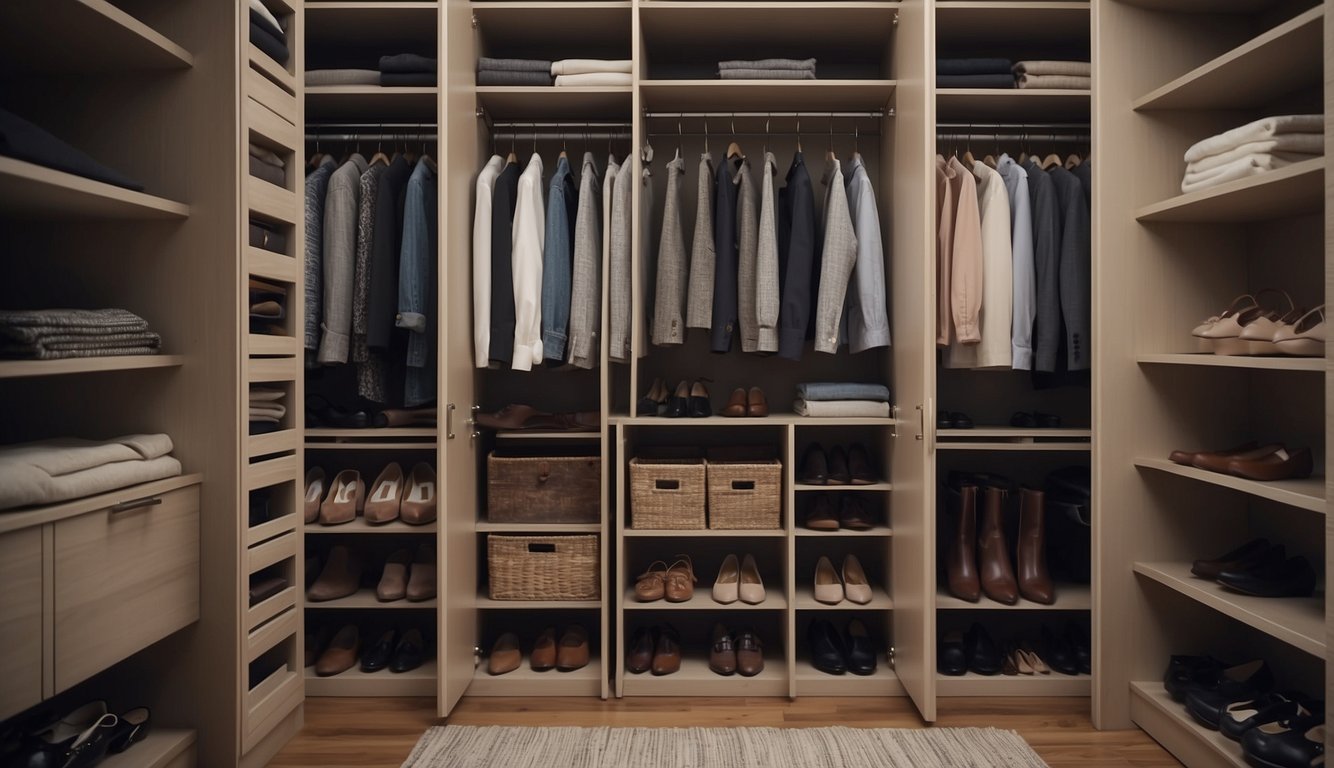 A well-organized closet with shelves, drawers, and hanging rods. Color-coordinated clothing neatly folded and hung. Shoe racks and accessory storage for maximum efficiency