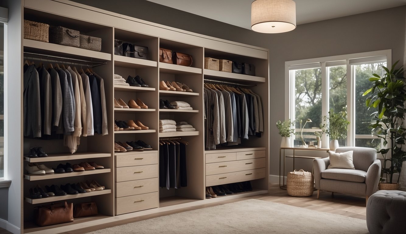 A neatly organized closet with shelves, drawers, and hanging rods optimized for efficient storage of clothing, shoes, and accessories