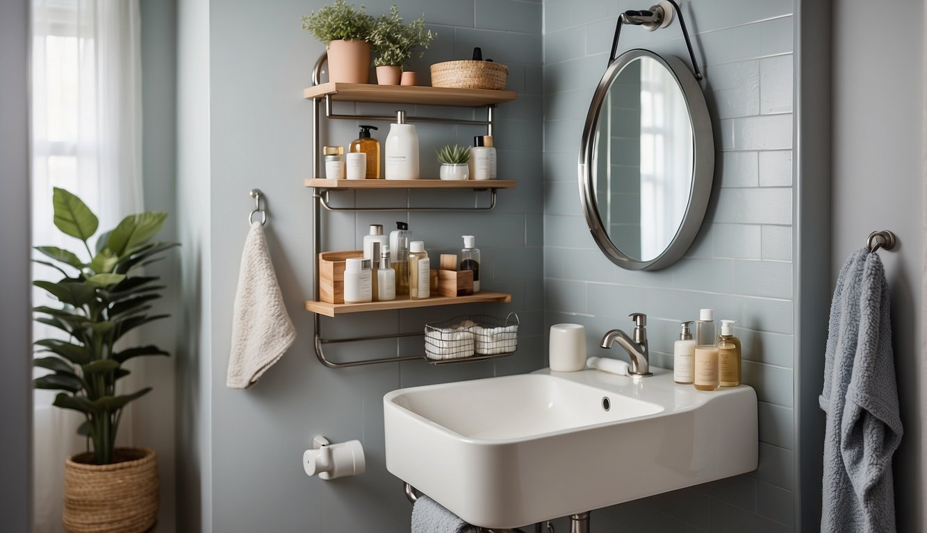 A small bathroom with clever storage solutions: wall-mounted shelves, under-sink organizers, and a hanging shower caddy. The space is tidy and clutter-free, with everything neatly organized and easily accessible