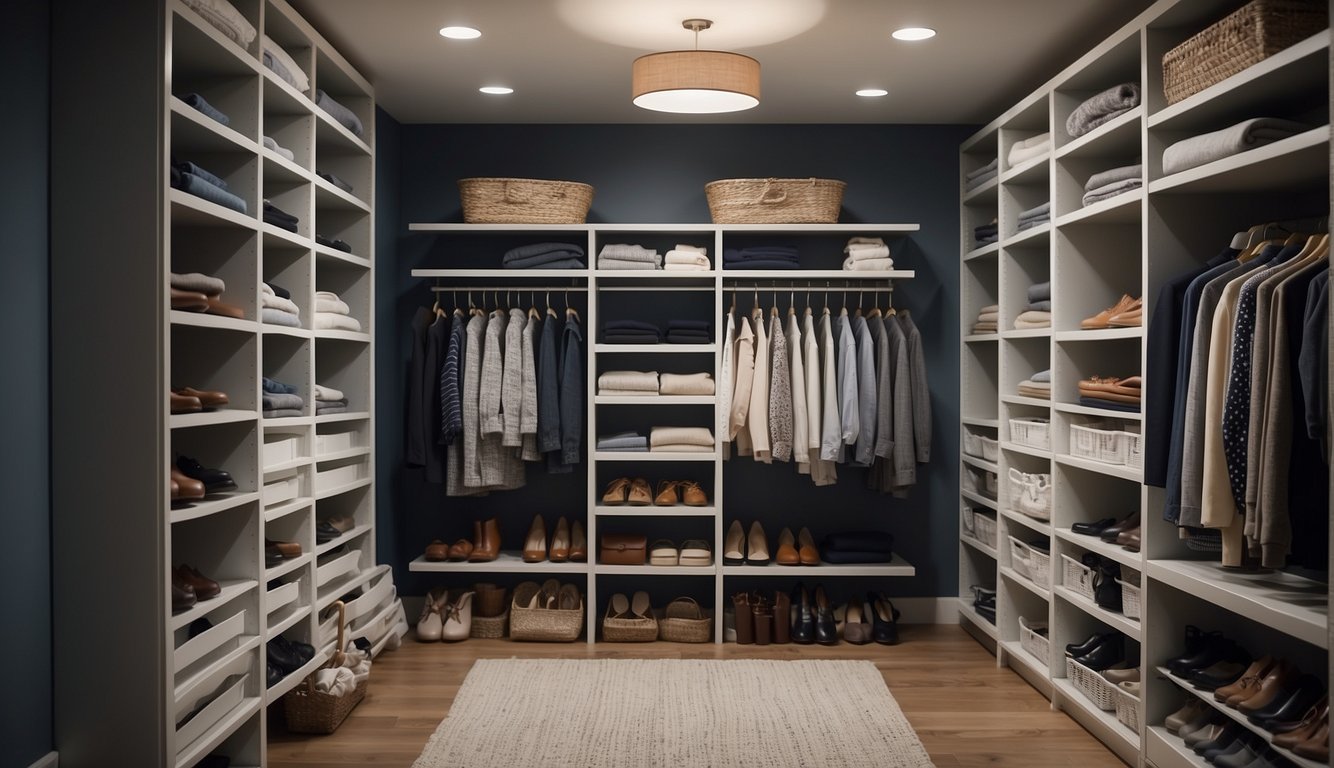 A tidy closet with neatly folded clothes, organized shelves, and labeled storage bins. Hangers are evenly spaced, and shoes are neatly arranged on a rack