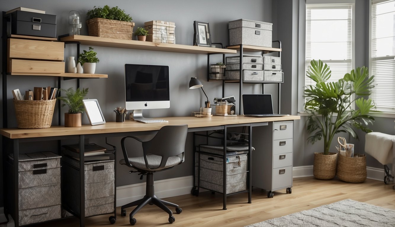 A tidy home office with labeled storage bins, a wall-mounted organizer, and a desk with built-in shelves and drawers. A filing cabinet and a rolling cart provide additional storage options