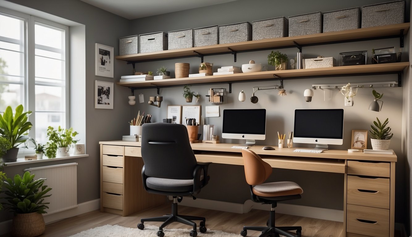 A tidy home office with labeled bins, floating shelves, and a wall-mounted organizer for papers and supplies. A sleek desk with built-in drawers and a multi-functional chair completes the space