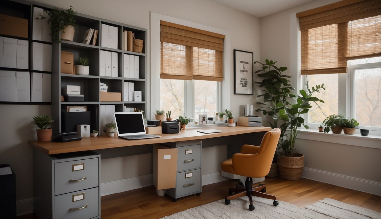 A tidy home office with labeled storage bins, a wall-mounted desk organizer, and a filing cabinet with neatly arranged folders