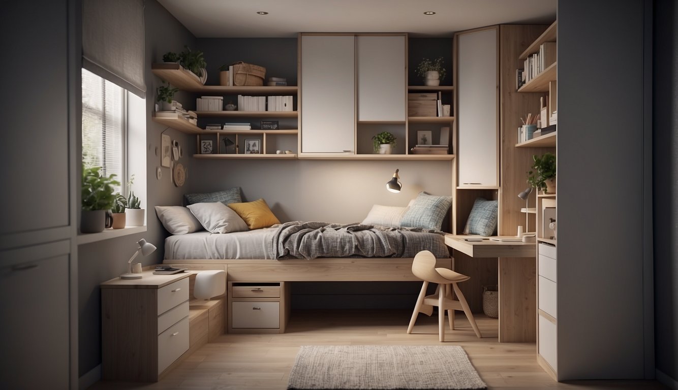 A small bedroom with a loft bed, wall-mounted shelves, under-bed storage bins, a hanging organizer, a mirrored closet door, and a multi-functional nightstand