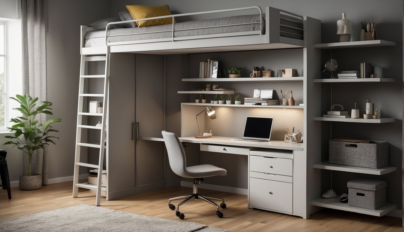 A loft bed with built-in drawers and shelves. Under-bed storage containers. Wall-mounted shelves and hooks. Fold-down desk and murphy bed combo. Hidden storage headboard. Ottoman with hidden storage. Closet organizers and hanging shoe racks