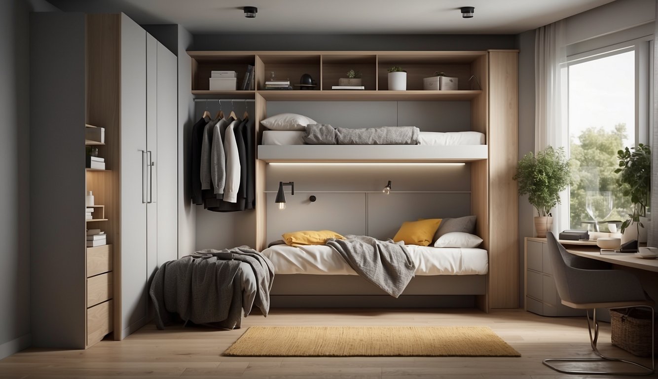 A small bedroom with a wall-mounted shelf, hanging organizers, under-bed storage, and a fold-down desk. Utilizing vertical space with hooks, baskets, and a tall wardrobe for maximum storage