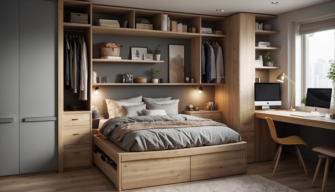 A small bedroom with clever storage solutions: under-bed drawers, wall-mounted shelves, hanging organizers, and built-in closet systems