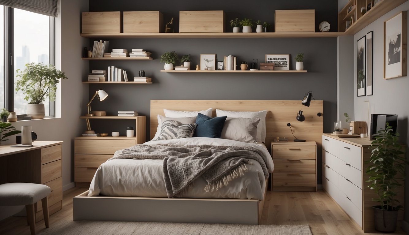 A small bedroom with clever storage solutions: under bed drawers, wall-mounted shelves, hanging organizers, and multi-functional furniture
