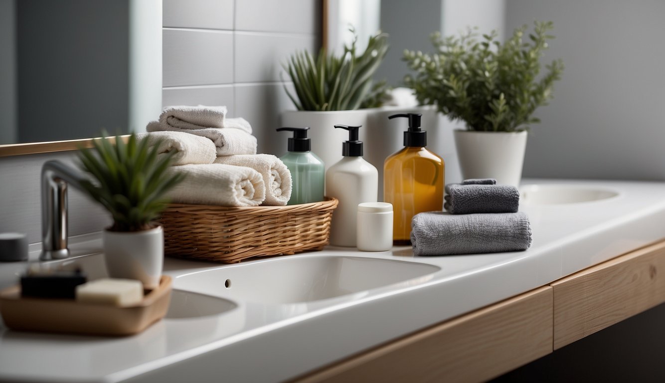 Various baskets and bins neatly organize toiletries and cleaning supplies under a sleek bathroom sink. A stack of towels and a small potted plant add a touch of warmth to the space