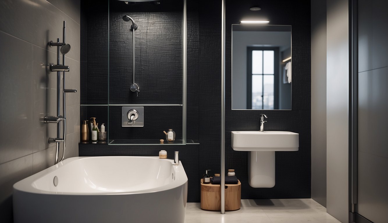 A compact bathroom with modern fixtures, such as a space-saving sink, a sleek toilet, and a multifunctional shower system