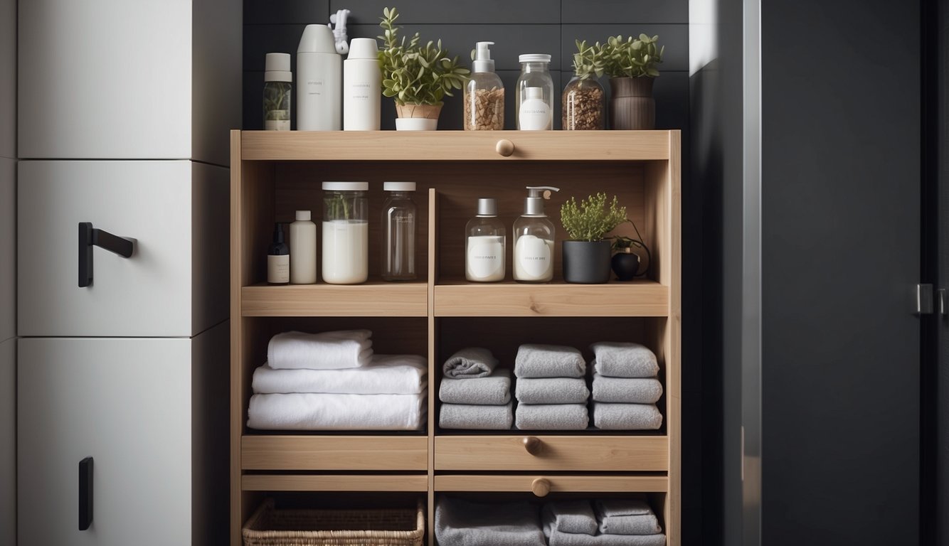 A bathroom cabinet with labeled bins, hanging baskets, and a sliding drawer system for efficient vertical storage