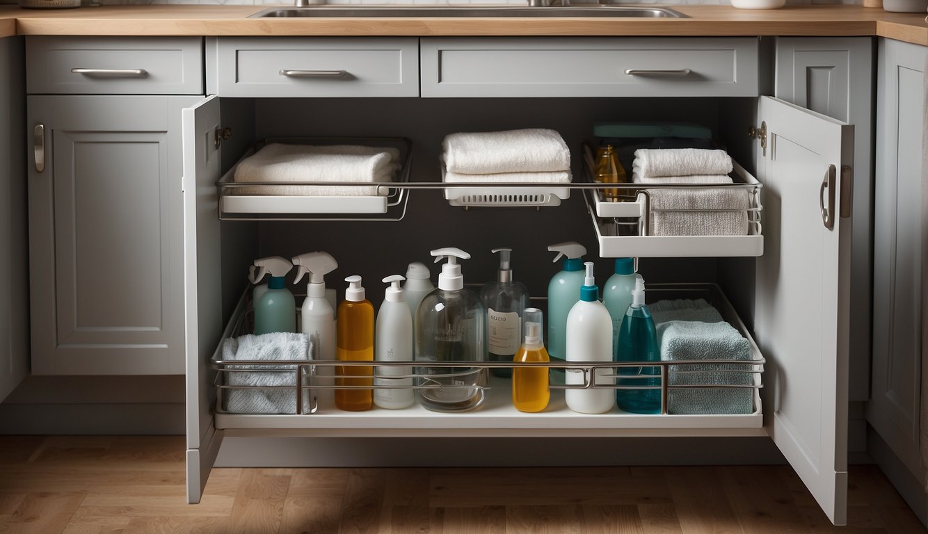 A neatly organized under-sink cabinet with pull-out drawers, stackable bins, and hanging hooks for bathroom essentials