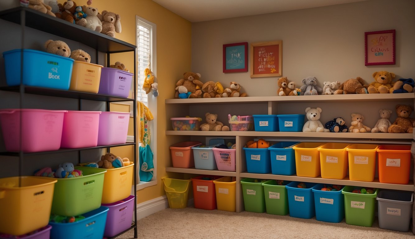 Colorful bins and shelves neatly organize toys in a vibrant kids' room. A hanging net holds stuffed animals, while labeled bins keep small items in order