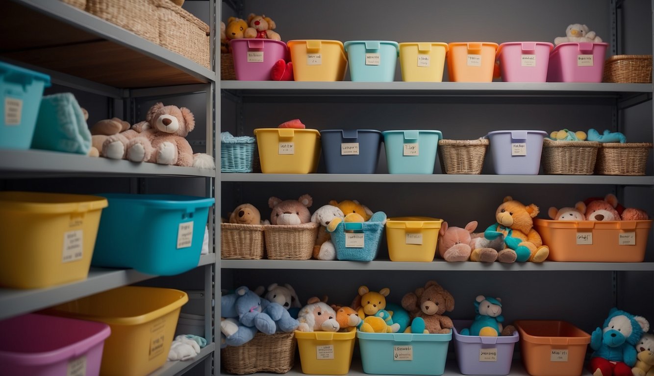 Colorful bins and baskets neatly arranged on shelves. A hanging organizer holds stuffed animals. A labeled toy storage system keeps the room tidy
