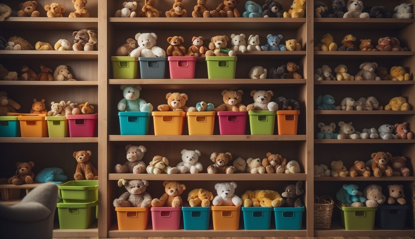 Colorful bins and shelves neatly hold toys. A hanging organizer stores stuffed animals. A labeled bookshelf keeps books in order
