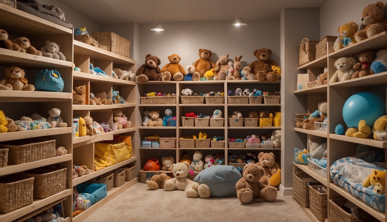 Toys neatly organized in labeled bins on shelves. Hanging storage for stuffed animals. Under-bed storage for larger toys. A bookshelf with cubbies for books and small toys. A pegboard for hanging dress-up clothes. A wall-mounted organizer for art