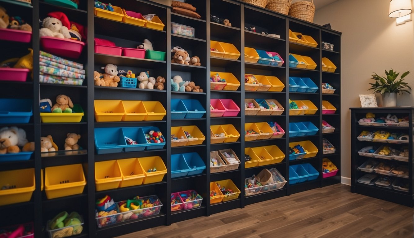 Colorful bins neatly stacked, labeled with toys spilling out. Floating shelves hold books and games. Closet organizers maximize space