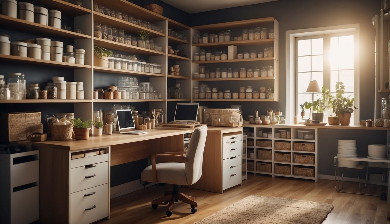 A well-lit room with organized craft storage furniture, including shelves, drawers, and containers. Crafting supplies are neatly arranged and easily accessible
