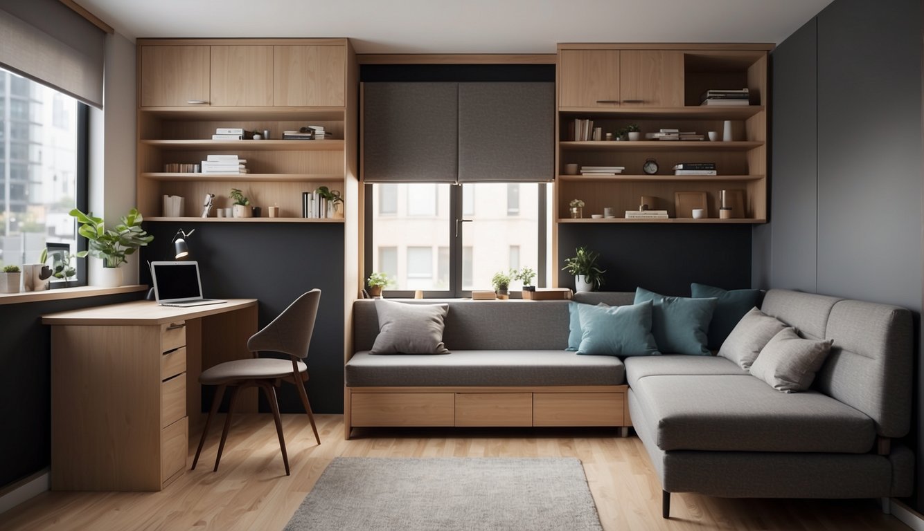 A studio apartment with clever space-saving solutions: fold-down bed, wall-mounted desk, multipurpose furniture, and smart storage options