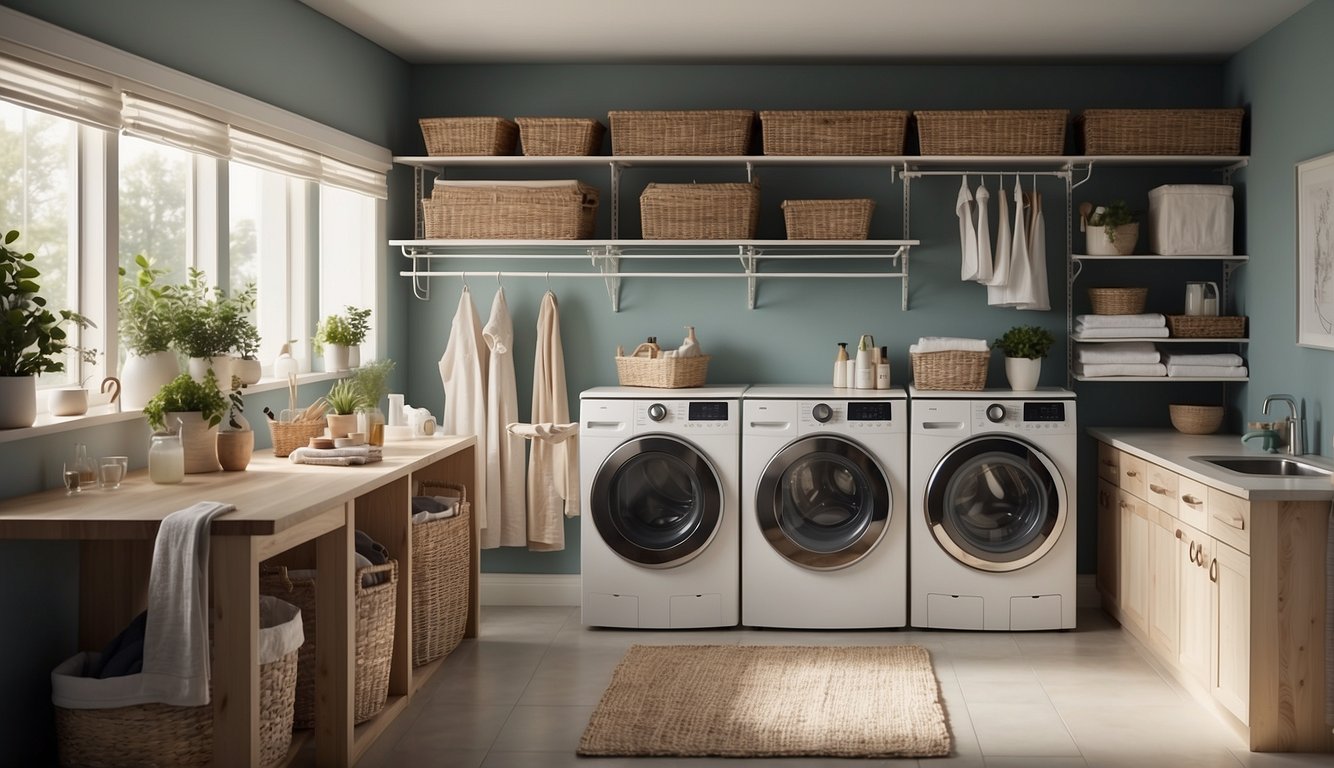 A laundry room with shelves and cabinets neatly organized with baskets and bins to maximize storage space. A hanging rod for clothes and a fold-down ironing board add functionality