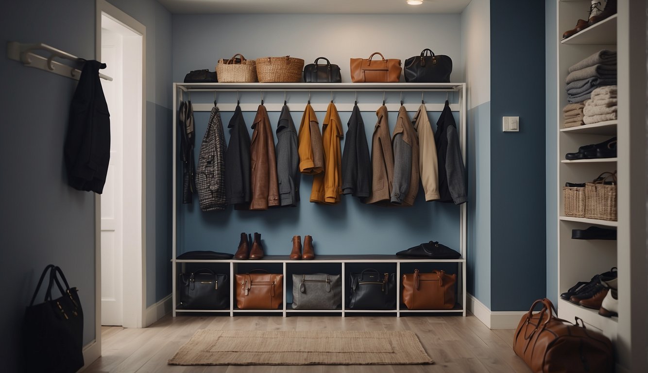 A narrow hallway with shelves and hooks on the walls, holding coats, bags, and other items. A shoe rack and umbrella stand are tucked neatly in a corner, maximizing storage space