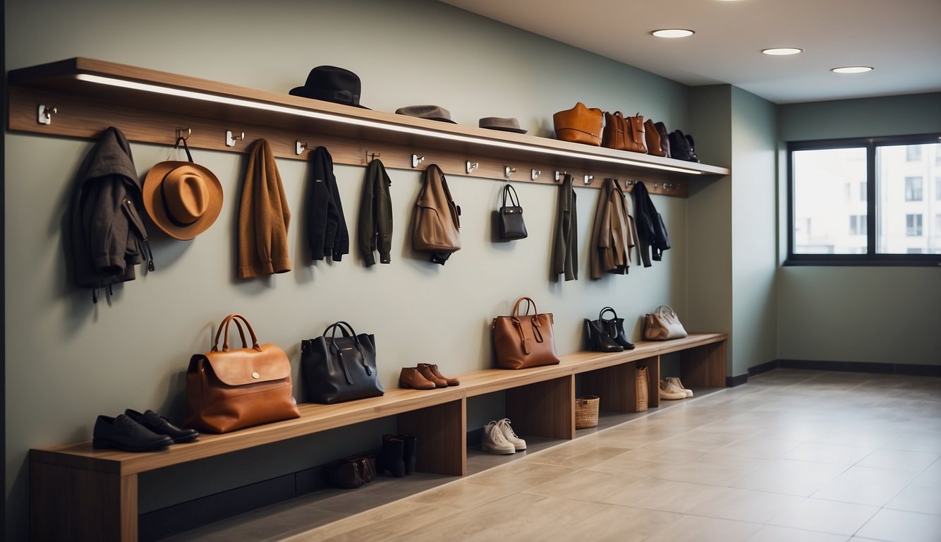 A hallway with shelves and hooks for coats, bags, and shoes. Baskets and bins neatly organized under a bench. Wall-mounted storage for keys and mail