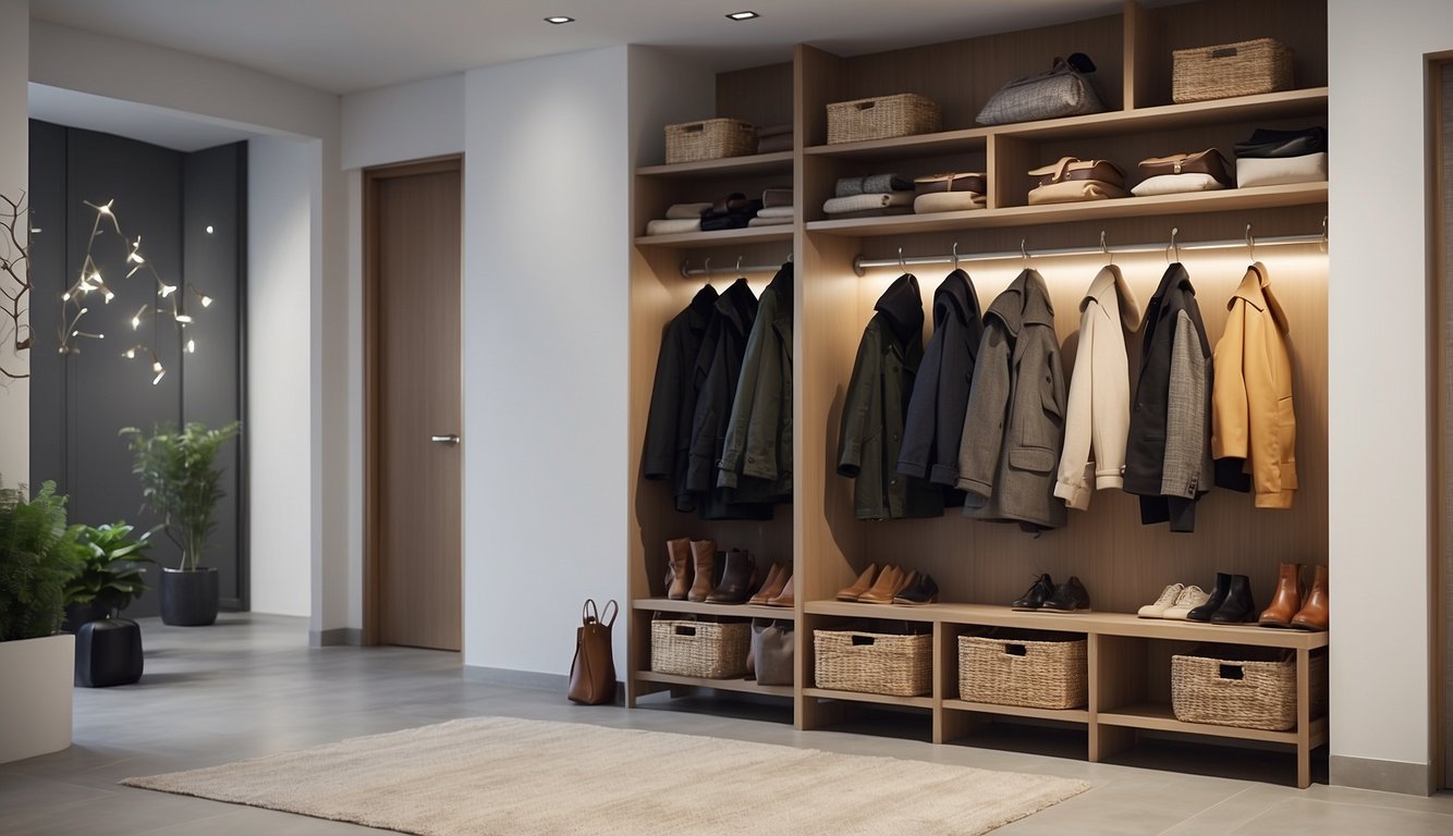 A hallway with shelves, hooks, and baskets neatly arranged to maximize storage. Shoes and coats are organized, creating a clean and spacious feel