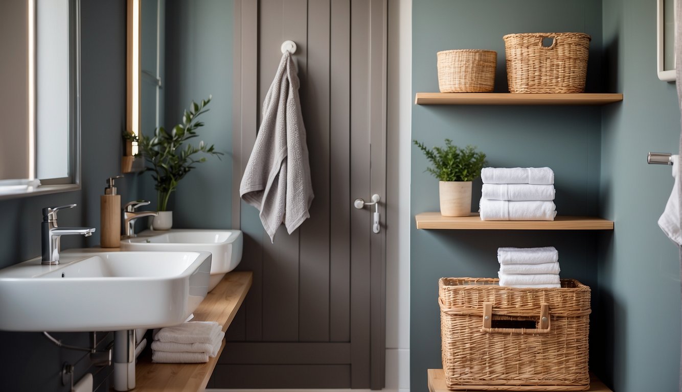 A bathroom with clever storage solutions: shelves above the toilet, a hanging organizer on the back of the door, and baskets under the sink